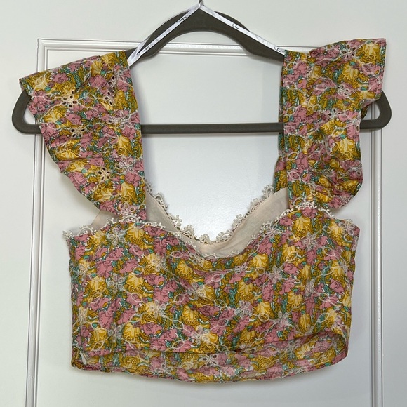 Lulu's Sweeter the Ever Yellow and Pink Flutter Sleeve Crop Top (Small) - Picture 5 of 5